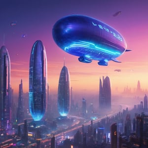Amidst the neon-lit labyrinth of the cyberpunk skyline, colossal blimps hover like phantom whales in a city's dream. Radiant, multi-hued skyscrapers pierce the night with shards of electric blue and crimson, their glass facades reflecting cascades of glittering data. Blimps, like ancient airships reborn, cruise serenely, adorned with luminescent advertisements that dance in the smog-choked heavens.