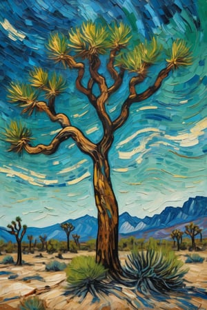 Van Gogh style painting of a solitary Joshua tree. The tree is old and thick with multiple branches and spiky, green leaves, depicted with bold, swirling brushstrokes. The background is a simple, textured canvas with dynamic, swirling patterns of blue, capturing the essence of the sky in Van Gogh's style. The overall composition focuses on the tree's unique shape and character, with rich colors, thick, expressive strokes, and a sense of movement and emotion.