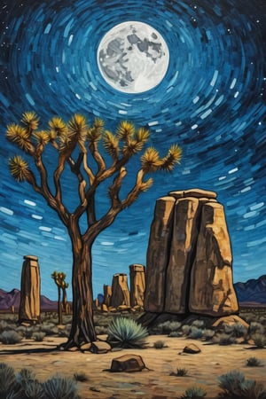 van gogh style painting of a solitary joshua tree surround by stonehenge type stone monoliths. it is night time with a full moon and a starry night.