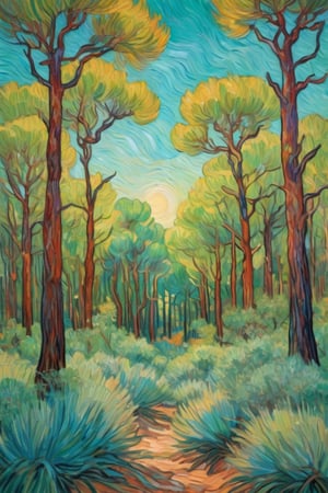 Van Gogh style painting of a lush, vibrant forest with dense foliage. The scene is filled with multiple young, slender joshua trees, their leaves full and soft, depicted with delicate, flowing brushstrokes. The background is lively, with a bright, sunlit sky painted in smooth, calm gradients of pastel colors. The overall composition is soft and serene, with gentle, harmonious strokes and a peaceful, tranquil atmosphere.