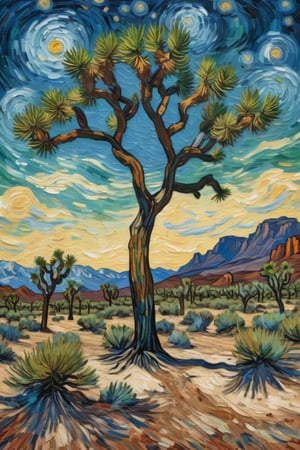 A painting of a Joshua tree in a desert landscape, in the style of Van Gogh. The tree is tall with multiple branches and spiky, green leaves, depicted with bold, swirling brushstrokes. The desert floor is textured with vibrant, expressive colors, scattered rocks, and small bushes. The sky is dynamic with swirling patterns of blue and wispy clouds, reminiscent of Van Gogh's Starry Night. The overall composition is rich in color, with thick, expressive strokes and a sense of movement and emotion.