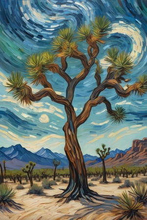 oil painting of a Joshua tree in a desert landscape, in the (style of Van Gogh:1.2). The tree is tall with multiple branches and spiky, green leaves, depicted with bold, swirling brushstrokes. The sky is dynamic with swirling patterns of blue and wispy clouds with bold lightning strikes. the background is barren with just sand dunes, covered in think, almost waterlike dust. The overall composition is rich in color, with thick, expressive strokes and a sense of movement and emotion.