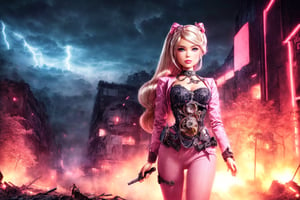 ((steampunk barbie) wearing a (pink suit:1.2):1.2), (in front of a postapocalyptic steampunk city, exploration, cinematic, realistic, hyper detailed, photorealistic maximum detail, volumetric light, (((focus))), wide-angle, (((brightly lit))), (((vegetation))), lightning, vines, destruction, devastation, wartorn, ruins, complicated_background), cinematic lighting, octane render, higly detailed, high resolution illustration, intricate details, best illumination, best shadow, cinematic lighting, dark, epic composition