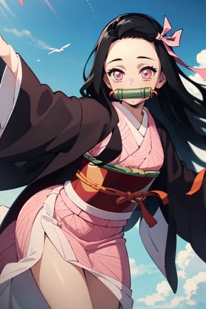 (((masterpiece))), nezuko, 1girl, black hair, forehead, hair ribbon, japanese clothes, kimono, long hair, multicolored hair, amboo, bit gag, black hair, forehead, gag, gagged,, pink eyes, pink kimono, pink ribbon, ribbon, smile, very long hair, sky,