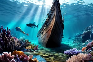 (stunning masterpiece: 1.3), ((12k HDR)), ((under water)), A photo of a marine scientist diver studying remains of a ship, the keel is sunk to the bottom, the ship is split in half, Creatures of Deep waters that inhabit the area, adding to the ominous atmosphere, Lurk in the shadows, Inside and outside the twisted metal wreckage. The colors of the place are muted and gloomy, with rusty metal and rotting wood creating a sense of decay and neglect. Although the surface of the water is calm, ((sun rays)), ((Brilliant diamond splatter)), swirl of air bubbles, sharp focus, intricate detail, high detail, digital art, bright beautiful splatter, sparkling, stunning digital art, interspersed with vibrant colors and surreal fantasy lighting, super detail, digital photography, 8k, sharp focus, ,no_humans