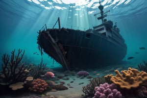 (stunning masterpiece: 1.3), ((12k HDR)), ((under water)), A photo of a marine scientist diver studying remains of a ship, the keel is sunk to the bottom, the ship is split in half, Creatures of Deep waters that inhabit the area, adding to the ominous atmosphere, Lurk in the shadows, Inside and outside the twisted metal wreckage. The colors of the place are muted and gloomy, with rusty metal and rotting wood creating a sense of decay and neglect. Although the surface of the water is calm, ((sun rays)), ((Brilliant diamond splatter)), swirl of air bubbles, sharp focus, intricate detail, high detail, digital art, bright beautiful splatter, sparkling, stunning digital art, interspersed with vibrant colors and surreal fantasy lighting, super detail, digital photography, 8k, sharp focus, 