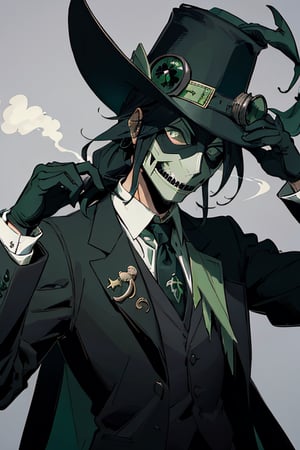 A evil plague doctor wearning a suit in tie  and has a green cape with a green top hat. theme is steam punk. wearning the plague doctor mask 
,cartoon ,Fionnawaifu