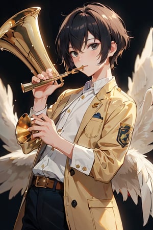 A Brass player boy that loves to eat chicken. holding a trumpet. short hair.
,cartoon ,Fionnawaifu