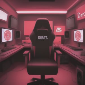A gaming lofi studio room, walls are black and red patterns. Led lights in the room, black and red gaming chair, with 3 motors with a expensive PC, NIce dercorations, a neon sign that says TV and is glowing red. The time is night. Ultra deltaied, cinematic ligthing, great quality 