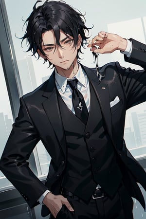 A guy with black hair and has black oil on his hair and dripping wet ink. he is a black fuigure with a suit in tie. mugshot. 
,cartoon 