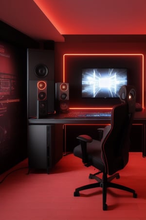 A gaming lofi studio room, walls are black and red patterns. Led lights in the room, black and red gaming chair, with 3 motors with a expensive PC, NIce dercorations, a neon sign that says TV and is glowing red. The time is night. Ultra deltaied, cinematic ligthing, great quality 