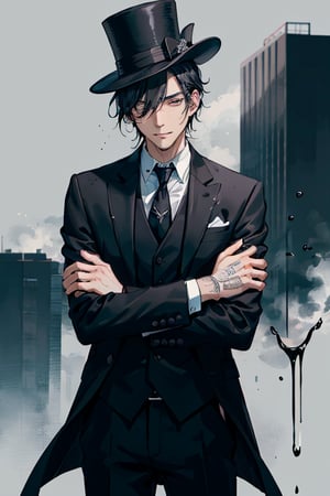 A guy with black hair and has black oil on his hair and dripping wet ink. he is a black fuigure with a suit in tie. mugshot. with a black top hat
,cartoon 