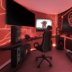 A gaming lofi studio room, walls are black and red patterns. Led lights in the room, black and red gaming chair, with 3 motors with a expensive PC, NIce dercorations, a neon sign that says TV and is glowing red. The time is night. Ultra deltaied, cinematic ligthing, great quality 