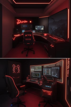 A gaming lofi studio room, walls are black and red patterns. Led lights in the room, black and red gaming chair, with 3 motors with a expensive PC, NIce dercorations, a neon sign that says TV and is glowing red. The time is night. Ultra deltaied, cinematic ligthing, great quality 