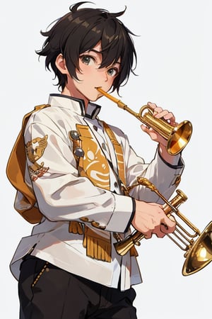 A Brass player boy that loves to eat chicken. holding a trumpet. short hair.
,cartoon ,Fionnawaifu