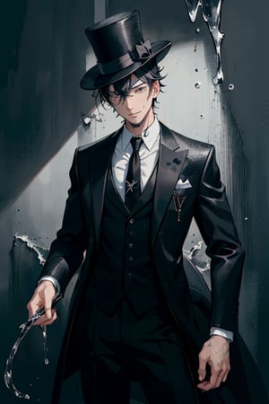 A guy with black hair and has black oil on his hair and dripping wet ink. he is a black fuigure with a suit in tie. mugshot. with a black top hat
,cartoon 
