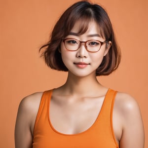 nikon RAW photo, portrait of japanese woman, bob cut, brown hair, glasses, close-up, (orange tank top), curvy, (orange background)