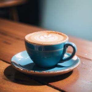 raw photo of cup of coffee in a blue cup with latte art in a beautiful aesthetic cafe on a black wooden table, morning lighting and cozy vibes, depth of field