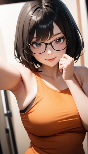 cinematic photo, 35mm photograph, 4k, highly detailed, masterpiece, best quality, very aesthetic, absurdres, 1girl, bob hair, black eyes, black hair, upper body, (wearing orange tank top), black-framed glasses, smile closed mouth, cute make-up, soft red lips, curvy, selfie pose, armpits, soft orange background