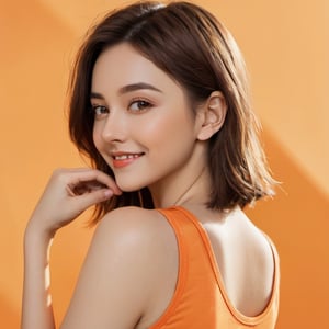 (xxmix girl woman), portrait of a woman, bob cut, brown hair, close-up, light smile, (orange tank top), curvy, (orange background)