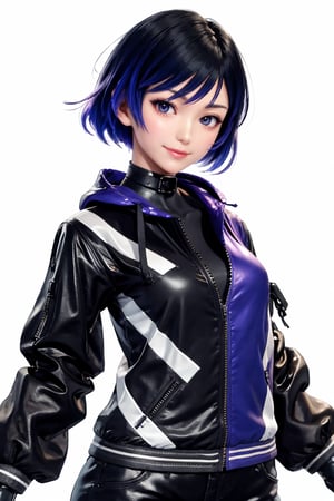 japanese woman, reina, cute face, multicolored hair, jacket, black gloves, black shirt, black shorts, looking at viewer, smile, upper body, (white background)