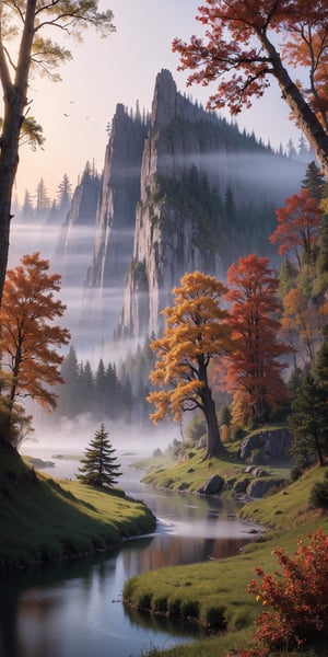 digital painting,
fantasy, hidden forest, centered big tree, river, (fog), at dawn