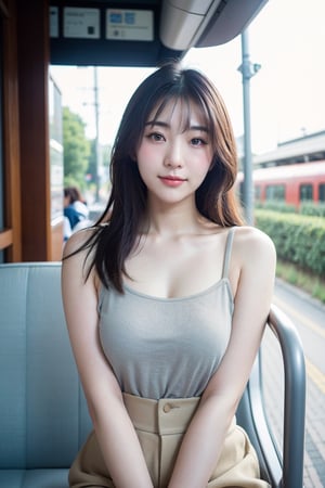 23 years old japanese woman, cinematic photo of a beautiful korean fashion model, cute makeup, upper body, muted colors, bokeh, train, leica, light smile