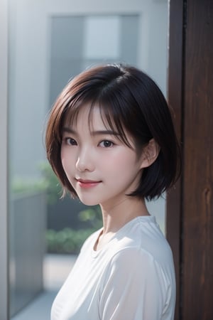 woman, korean cute ethereal female, short wavy hair, (light smile:1.2), foggy conditions, trendercore, side light, film grain, rich color