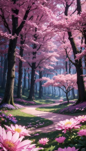 digital painting,
fantasy, hidden forest, centered big tree, [glowing crystals], flowers, flowers petal, fog, at dawn