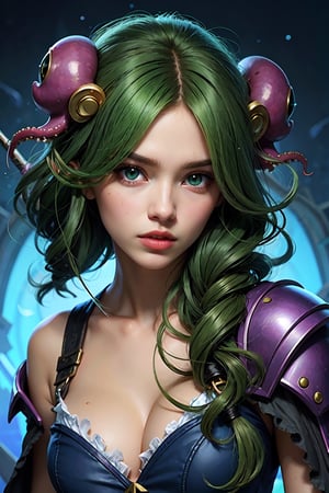 ((best quality)), ((masterpiece)), (detailed), woman with green hair, holding a sword, (Artgerm inspired:1.2), (pixiv contest winner:1.1), (octopus goddess:1.3), (Berserk art style:1.2), close-up portrait, goddess skull, (Senna from League of Legends:1.1), (Tatsumaki with green curly hair:1.2), card game illustration, thick brush, HD anime wallpaper, (Akali from League of Legends:1.1), 8k resolution