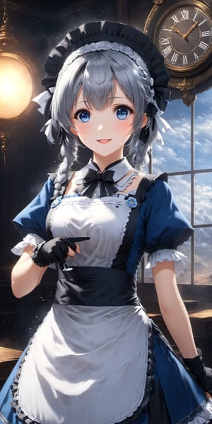 (8k, masterpiece, best quality, high resolution), fantasy, cute face, kawaii, cute, very big eyes, Aesthetic Anime Eyes, small face, 1girl, solo,  izayoi sakuya, blue eyes, maid headdress, braid, grey hair, maid, twin braids, short hair, wrist cuffs, bow, hair bow, short sleeves, ribbon, apron, holding knife,  clock, serious, (light particles),motion lines ,dynamic angle, battle, wind, fighting, (cowboy shot), looking at viewer,



