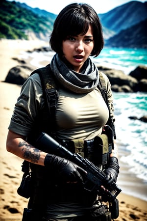 (masterpiece, best quality:1.2), mara (call of duty), 1girl, solo, black hair, gloves, scarf, tattoo, military, breasts, holster, pants, load bearing vest, day, adjusting clothes, outdoors, beach, water, open mouth
