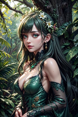 (8k, RAW photo, best quality, masterpiece:1.2), (realistic, photo-realistic), octane render, ultra-detailed, professional lighting, photon mapping, radiosity, physically-based rendering, ue5, 1girl, A half portrait of a beautiful Dryad bombshell, gorgeous face, (detailed facial features), green eyes, long green hair, Queen of the Forest, (ultra detailed texture dress (made from tree leaves and flowers)), ((tree roots and leaves around body)), makeup, green lipstick, mascara, eyeliner, fake eyelashes, dense forest, leaves flowers, fantasy, sexy, intricate, flowing, elegant, ((chaos of tree roots and leaves around)), ((raytracing)), Slavic, Lovecraftian, eerie, tragic, mysterious, enticing, eternal, druid magic, cursed, trees attacking viewer, roots attacking viewer, 
