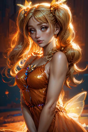 professional photo of Stella, FairyOutfit, twintails, long low pigtails, fairy wings, orange outfit, glittery clothes, sparkling clothing, blonde hair, detailed skin, detailed eyes, finely detailed hair, volumetric light, highrez, masterpiece, best quality, 
