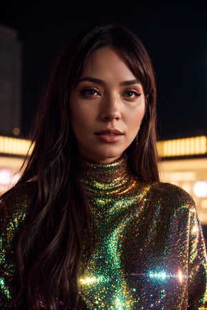 Portrait, cool looking female rapper, at a neon light show at night, half body(EP_SydneeGoodman:0.99), closeup, wearing turtleneck glitter sweater, infinite reflections, intricate detail, dim lighting, detailed background, starlight, streetlights, detailed clothes, skinny, shiny glossy skin, subsurface scattering, glitter, Nikon D850 film stock photograph Kodak Portra 400 camera f1.6 lens, rich colors, lifelike texture, dramatic lighting, unreal engine, trending on ArtStation, cinestill 800 tungsten, fucking discoball