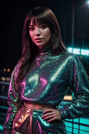 Portrait, cool looking female rapper, at a neon light show at night, (EP_SydneeGoodman:0.99), closeup, wearing turtleneck glitter sweater, infinite reflections, intricate detail, dim lighting, detailed background, starlight, streetlights, detailed clothes, skinny, shiny glossy skin, subsurface scattering, glitter, Nikon D850 film stock photograph Kodak Portra 400 camera f1.6 lens, rich colors, lifelike texture, dramatic lighting, unreal engine, trending on ArtStation, cinestill 800 tungsten, fucking discoball
