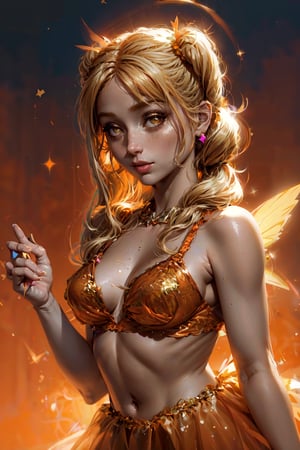 professional photo of Stella, FairyOutfit, twintails, long low pigtails, fairy wings, orange outfit, glittery clothes, sparkling clothing, blonde hair, detailed skin, detailed eyes, finely detailed hair, volumetric light, highrez, masterpiece, best quality, 
