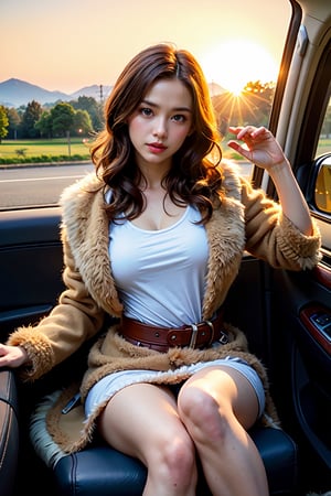 sitting on the back seat of a car, at sun rise, a cute warrior, cute, photo shooting, highly detailed fur, pixar and marvel