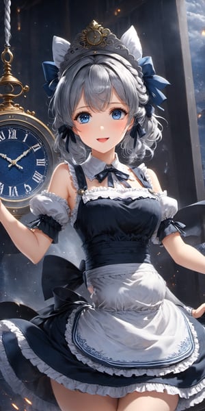 (8k, masterpiece, best quality, high resolution), fantasy, cute face, kawaii, cute, very big eyes, Aesthetic Anime Eyes, small face, 1girl, solo,  izayoi sakuya, blue eyes, maid headdress, braid, grey hair, maid, twin braids, short hair, wrist cuffs, bow, hair bow, short sleeves, ribbon, apron, holding knife,  clock, serious, (light particles),motion lines ,dynamic angle, battle, wind, fighting, (cowboy shot), looking at viewer,



