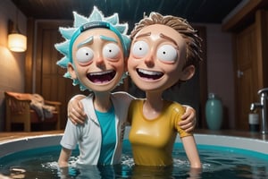 two cartoons in jakuzzi, wet teets
, wet t shirt,  . Morty Smith on the left is giving a hug to Jessica  with a big, joyful smile, Jessica  on the right, with a big, joyful smile, high-speed action , ultra-wide-angle ,soft lighting, 4k, sharp, Arri Alexa, depth of field, highly detailed.   