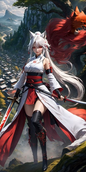 ((solo), (Anime kitsune girl with long white hair gathered in a ponytail), (Fox girl holding a katana), 9 tails, (red eyes), White-haired deity, Remove clothes from body, Show breasts, Show boobs, Her genitals, Legs spread wide apart, Female genitalia, pubic area close up, (Detailed image between legs), Crotch wide open, legs spread wide open, High quality, ((Highest detail)), ((Forest village in background)), ( masterpiece), Photorealism, 8K, High detail, Dramatic lighting, 1 girl, Mid-jump, flying from above, Bottom view, katana in hand, Stern look, Motion dynamics, Jumping ponytails and hair.

