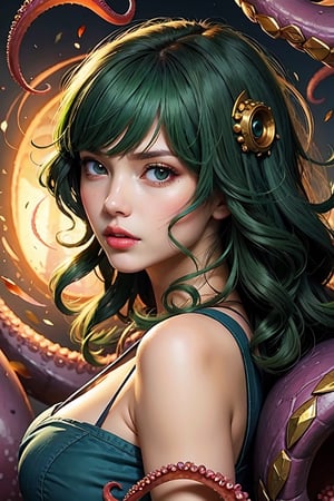 ((best quality)), ((masterpiece)), (detailed), woman with green hair, holding a sword, (Artgerm inspired:1.2), (pixiv contest winner:1.1), (octopus goddess:1.3), (Berserk art style:1.2), close-up portrait, goddess skull, (Senna from League of Legends:1.1), (Tatsumaki with green curly hair:1.2), card game illustration, thick brush, HD anime wallpaper, (Akali from League of Legends:1.1), 8k resolution