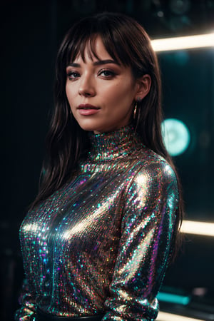 Portrait, cool looking female rapper, at a neon light show at night, half body(EP_SydneeGoodman:0.99), closeup, wearing turtleneck glitter sweater, infinite reflections, intricate detail, dim lighting, detailed background, starlight, streetlights, detailed clothes, skinny, shiny glossy skin, subsurface scattering, glitter, Nikon D850 film stock photograph Kodak Portra 400 camera f1.6 lens, rich colors, lifelike texture, dramatic lighting, unreal engine, trending on ArtStation, cinestill 800 tungsten, fucking discoball