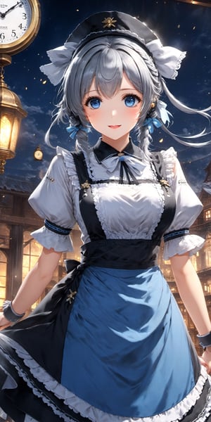 (8k, masterpiece, best quality, high resolution), fantasy, cute face, kawaii, cute, very big eyes, Aesthetic Anime Eyes, small face, 1girl, solo,  izayoi sakuya, blue eyes, maid headdress, braid, grey hair, maid, twin braids, short hair, wrist cuffs, bow, hair bow, short sleeves, ribbon, apron, holding knife,  clock, serious, (light particles),motion lines ,dynamic angle, battle, wind, fighting, (cowboy shot), looking at viewer,



