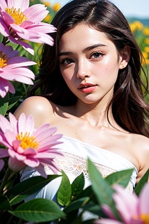 woman laying down in a field of flowers, green bright eyes, dark curly hair, detailed face, symmetric, intricate, ultra realistic, elegant, cinematic, highly detailed, sharp focus, depth of field, f/1.8, 85mm, medium shot, mid shot, (centered image composition), (professionally color graded), ((bright soft diffused light)), volumetric fog, trending on instagram