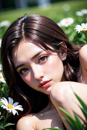 woman laying down in a field of flowers, green bright eyes, dark curly hair, detailed face, symmetric, intricate, ultra realistic, elegant, cinematic, highly detailed, sharp focus, depth of field, f/1.8, 85mm, medium shot, mid shot, (centered image composition), (professionally color graded), ((bright soft diffused light)), volumetric fog, trending on instagram