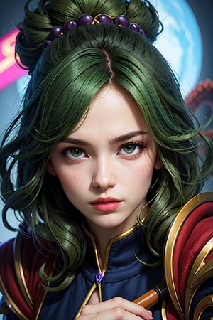 ((best quality)), ((masterpiece)), (detailed), woman with green hair, holding a sword, (Artgerm inspired:1.2), (pixiv contest winner:1.1), (octopus goddess:1.3), (Berserk art style:1.2), close-up portrait, goddess skull, (Senna from League of Legends:1.1), (Tatsumaki with green curly hair:1.2), card game illustration, thick brush, HD anime wallpaper, (Akali from League of Legends:1.1), 8k resolution