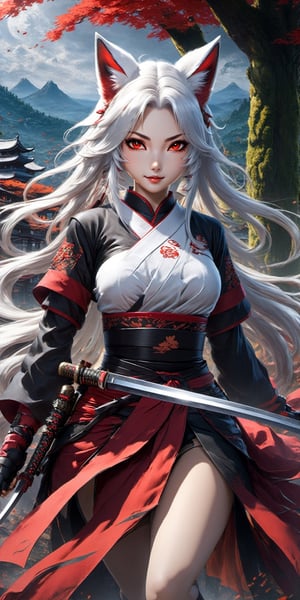 ((solo), (Anime kitsune girl with long white hair gathered in a ponytail), (Fox girl holding a katana), 9 tails, (red eyes), White-haired deity, Remove clothes from body, Show breasts, Show boobs, Her genitals, Legs spread wide apart, Female genitalia, pubic area close up, (Detailed image between legs), Crotch wide open, legs spread wide open, High quality, ((Highest detail)), ((Forest village in background)), ( masterpiece), Photorealism, 8K, High detail, Dramatic lighting, 1 girl, Mid-jump, flying from above, Bottom view, katana in hand, Stern look, Motion dynamics, Jumping ponytails and hair.

