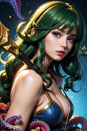 ((best quality)), ((masterpiece)), (detailed), woman with green hair, holding a sword, (Artgerm inspired:1.2), (pixiv contest winner:1.1), (octopus goddess:1.3), (Berserk art style:1.2), close-up portrait, goddess skull, (Senna from League of Legends:1.1), (Tatsumaki with green curly hair:1.2), card game illustration, thick brush, HD anime wallpaper, (Akali from League of Legends:1.1), 8k resolution