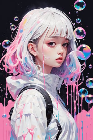 dripping paint,abstract,gouche,white,totally white,pastel colors,(bubble drip)1girl with techwear clothes,sexy,circular shapes on background,melt,vaporwave style,beautymix